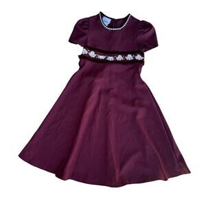 Vintage Bonnie Jean Girls Heather Burgundy Floral Short Sleeves Belted Dress 10